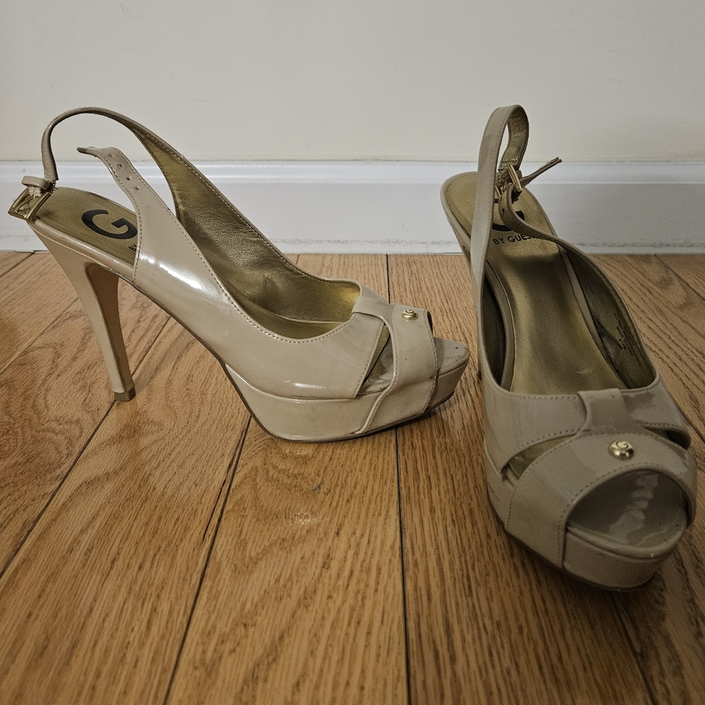 G by Guess Cream Open Toe Platform Heels